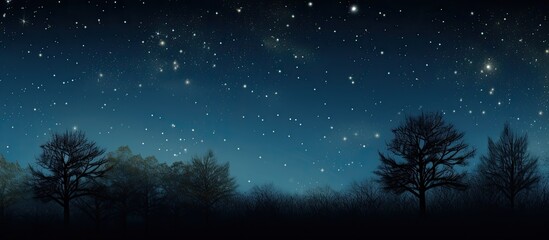 Naklejka premium Nightly view of small trees under a dark sky full of stars, creating a romantic atmosphere with space for text or images. with copy space image. Place for adding text or design
