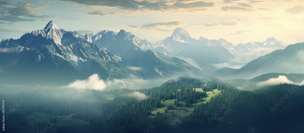 Poster observe the breathtaking natural scenery with mountains in the background, perfect as a copy space i