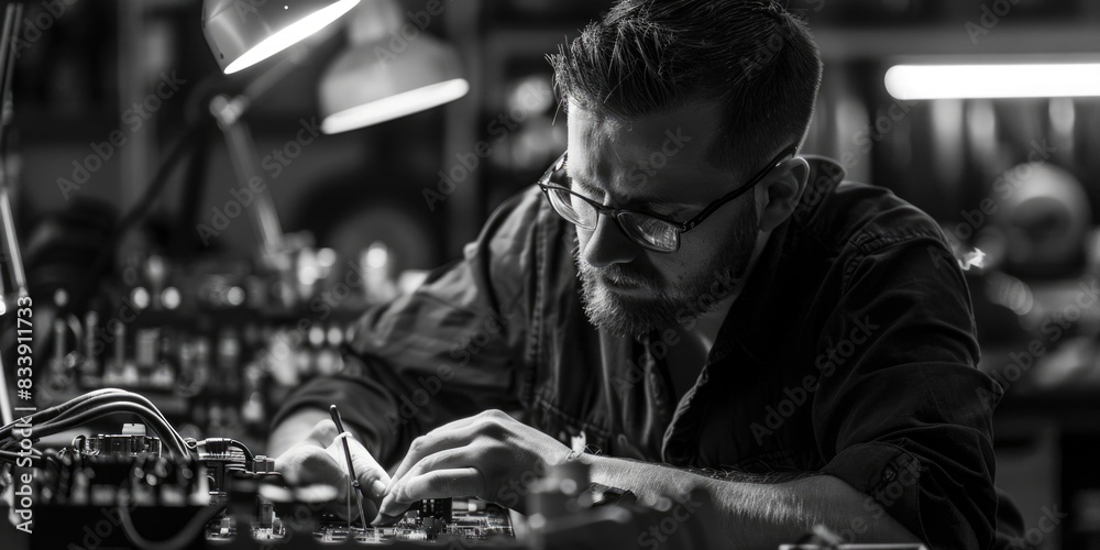 Poster a person repairing electronic devices in a workshop setting