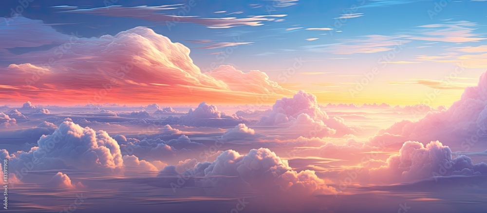 Poster The picturesque sunset scenery features a stunning array of colorful clouds and sky, perfect for use as a copy space image.