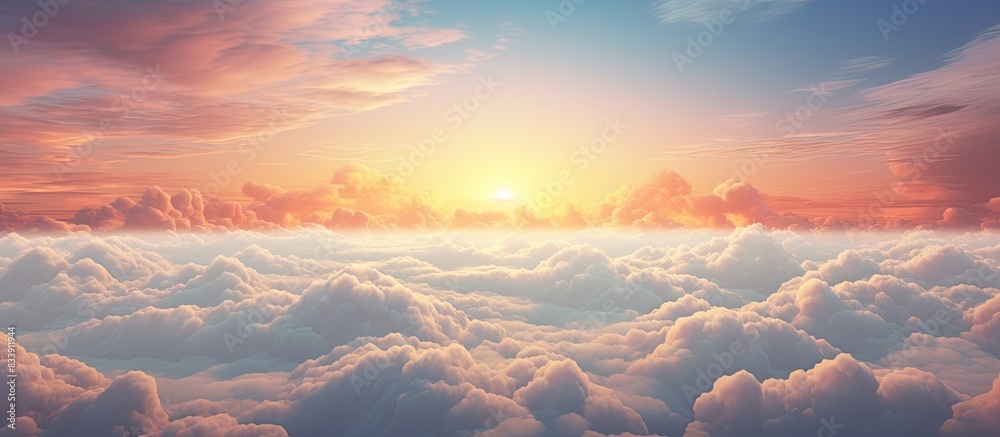 Poster A scenic view of clouds over a serene landscape with a mystical sunset background, perfect for a copy space image.