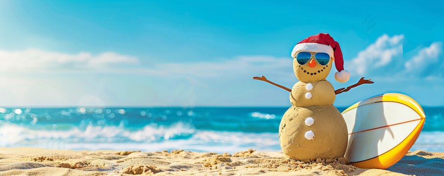 Smiling Santa sandy snowman in red santa hat and stylish sunglasses smiling on the sea beach with copy space, concept of winter holiday, Merry Christmas, happy summer time.