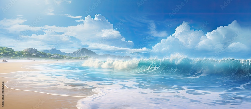 Aufkleber Beautiful sandy beach with waves crashing against the shore, perfect for a peaceful stroll or relaxation; ideal for a calming seaside getaway. with copy space image. Place for adding text or design