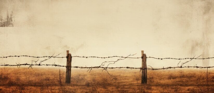 Ancient rustic barbed wire fence with space for adding images. with copy space image. Place for adding text or design