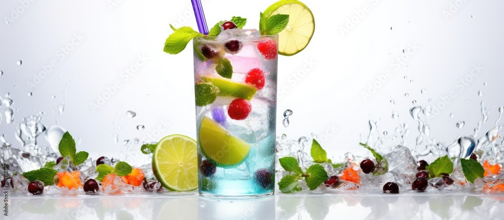 Aufkleber mojito beverage on a white surface surrounded by a vibrant backdrop with plenty of colorful lights, 