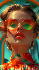 Obraz premium Retro style pastel colors summer background. Fashion woman wearing big sunglasses.
