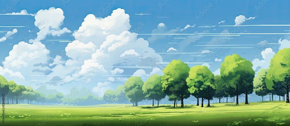 Poster Lush green trees with a clear blue sky in the background, featuring trees set against a cloudless sky. with copy space image. Place for adding text or design