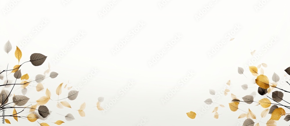 Poster A serene scene featuring numerous tiny leaves against a clear white sky, creating a peaceful atmosphere perfect for adding text or other elements in the copy space image.