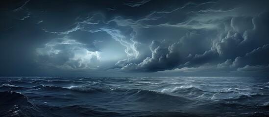 Fototapeta premium Weather disturbances including storms and strong winds are common in the Mediterranean Sea, with dramatic clouds looming overhead in a vast expanse of open water. with copy space image
