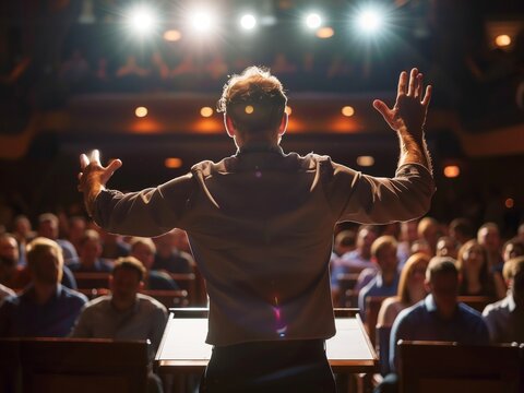 Confident Speaker on Stage, A dynamic speaker standing at a podium, confidently addressing a large audience with expressive gestures