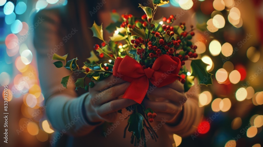 Poster a person holds a colorful flower bouquet with a red ribbon, suitable for various occasions