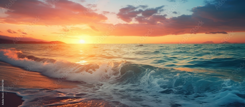 Aufkleber Sunset over the sea with a tranquil tide and a beautiful view in the background with copy space image.