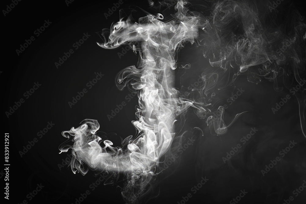 Poster black and white image of smoke forming the letter j, suitable for use in abstract design or typograp