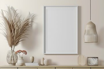 a white frame sits on a wooden shelf next to a vase
