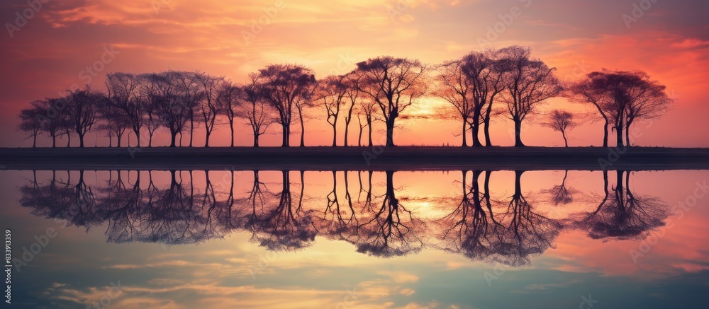 Aufkleber Tranquil view of trees and sunset mirrored on a lake with copy space image.