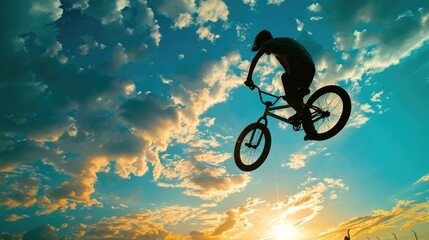 A person is jumping off a bicycle in mid-air