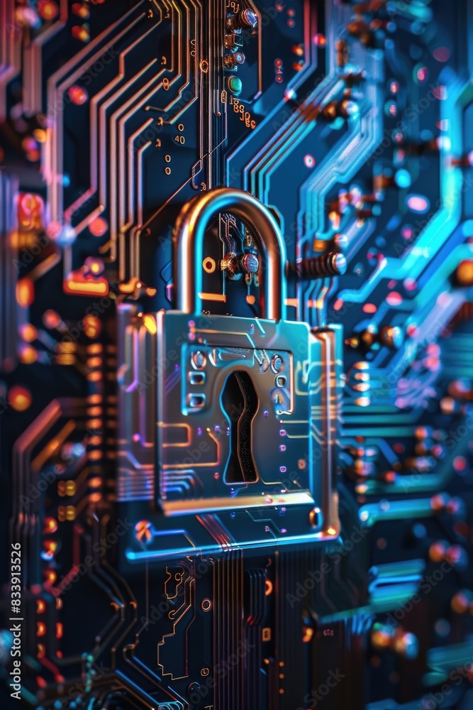 Poster A close-up view of a lock on a circuit board, ideal for use in electronics or technology-related contexts