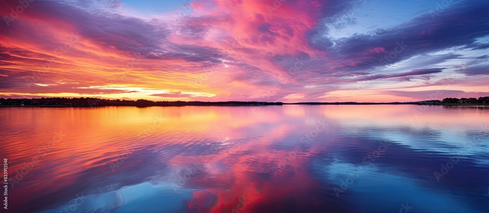 Aufkleber beautiful sunset over the calm lake reflecting the stunning colors of the sky, creating a serene atm