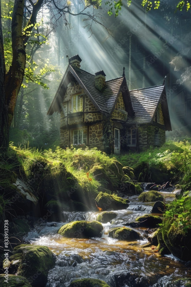 Poster a house surrounded by trees and located near a flowing stream