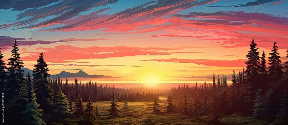 Poster a scenic view showcasing the outline of a forest against a colorful sunset sky, providing ample copy