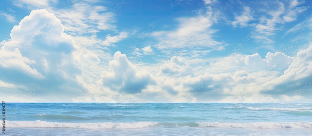 Poster Scenic sky with fluffy clouds above the ocean with copy space image.