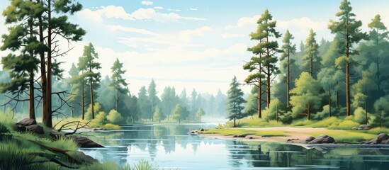 Scenic pine forest by the river with a tranquil ambiance, showcasing the beauty of nature and offering a calming landscape in a copy space image.