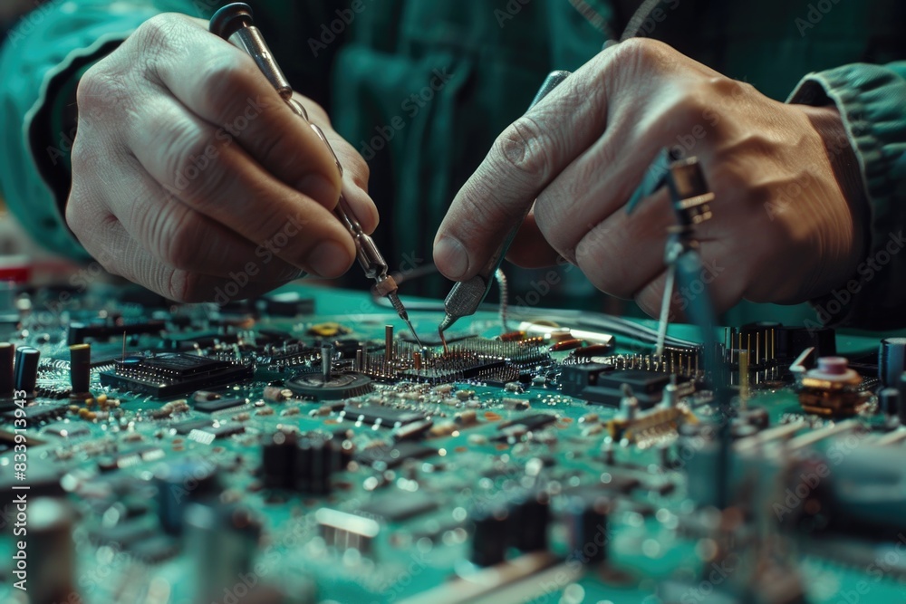 Aufkleber A close-up view of a person assembling electronic components on a circuit board