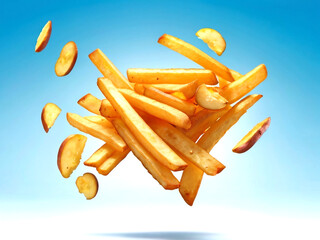 Flying delicious potato fries, cut out