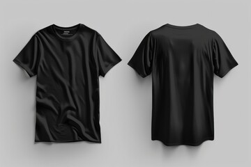 A black t-shirt hanging on a wall with a simple and clean design