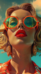 Fototapeta premium Retro style pastel colors summer background. Fashion woman wearing big sunglasses.