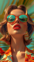 Retro style pastel colors summer background. Fashion woman wearing big sunglasses.