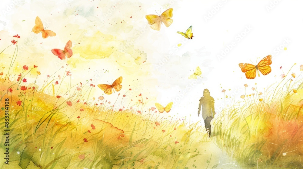 Wall mural woman walking path butterflies hope inspiration. watercolor painting of a woman walking on a path th