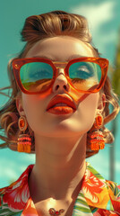 Retro style pastel colors summer background. Fashion woman wearing big sunglasses.