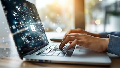 Cybersecurity concept with laptop and lock icon