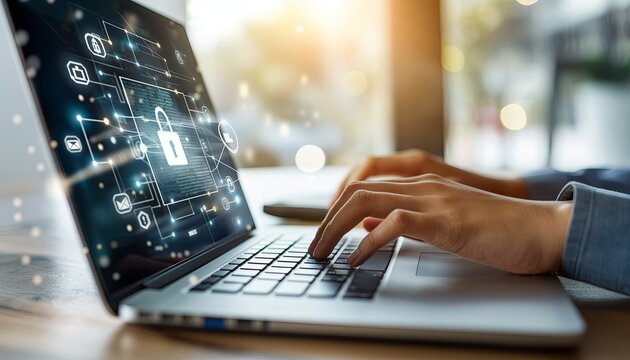 Cybersecurity concept with laptop and lock icon