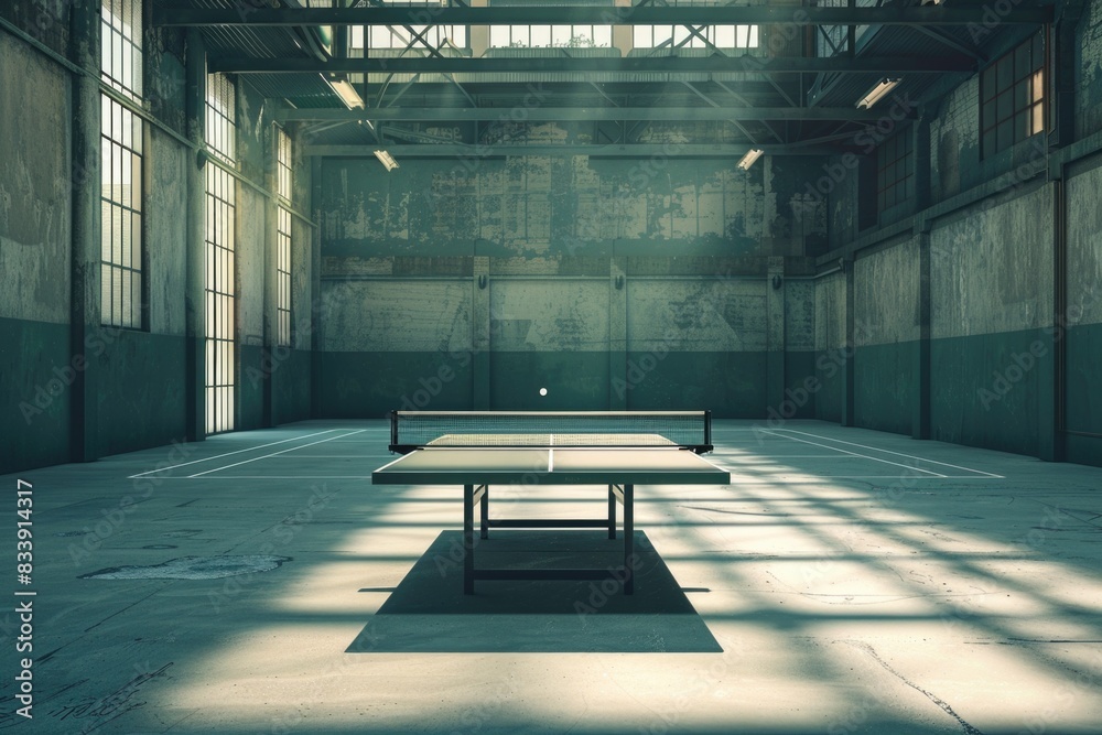 Aufkleber An empty room with a ping pong table as the focal point, perfect for adding context to a story or scene