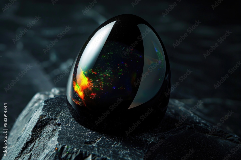 Poster a black stone with an opal embedded in it, sitting on a rock