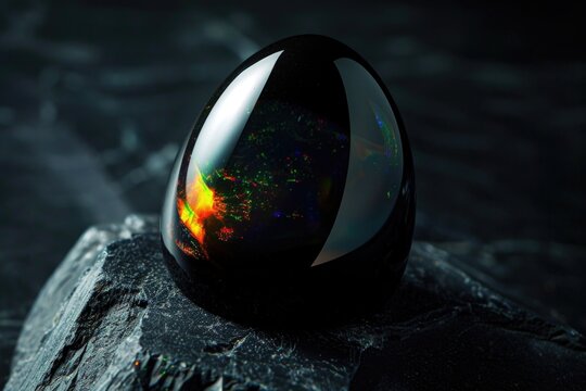 A black stone with an opal embedded in it, sitting on a rock