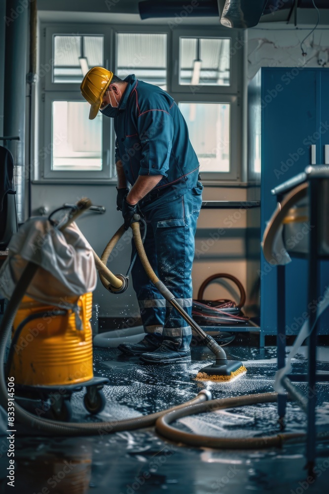 Poster a person wearing a yellow helmet is cleaning a room, one informative phrase about what pictured on i