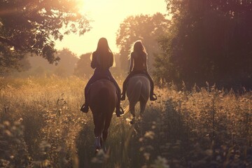 Two women ride horses through a field of tall grass, a peaceful scene with nature