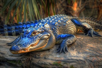 Fototapeta premium A blue and black alligator lying on a rock in natural surroundings