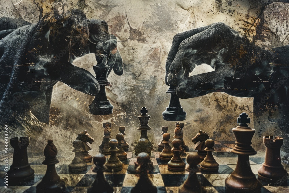 Poster A close-up view of two men engaged in a game of chess, focusing on their thoughtful expressions and the strategic moves they're making
