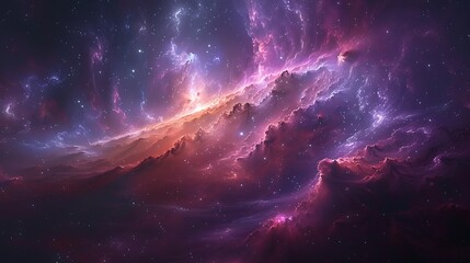 Obraz premium An abstract depiction of the center of a galaxy, twinkling stars creating a dense pattern, vibrant nebula hues, swirling cosmic dust, ethereal glow, high contrast, hd quality.