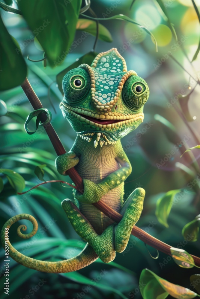 Poster a chameleon lizard perched on a tree branch, its scales blending with the surroundings