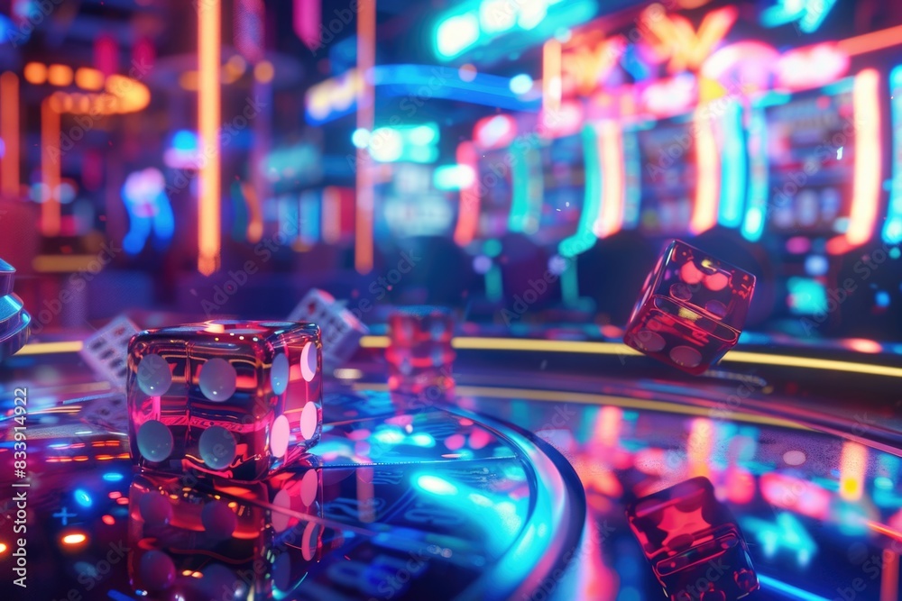 Poster a casino game table with dice and neon lights
