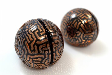 Two black circuit spheres on a white background, depicting the encapsulation of technology in a sleek and modern form.