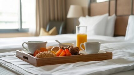 Wooden tray with tasty breakfast on bed in light room, concept of hotel, vacation, cozy morning, comfortable weekend.