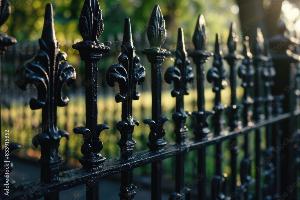 Poster a close-up view of a metal fence with trees in the background, perfect for use in outdoor or nature-