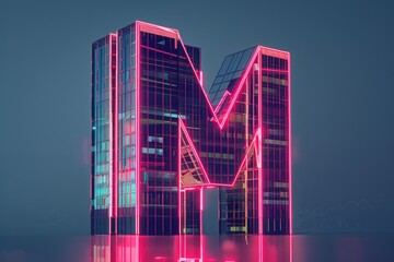 Fototapeta premium A high-rise building with a prominent neon sign featuring the letter M, ideal for use in cityscape or urban landscape designs