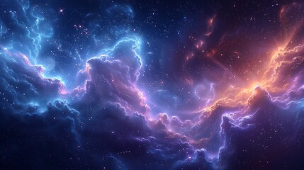 An abstract portrayal of a cosmic dance, twinkling stars dotting a nebula, rich blues blending with deep purples, ethereal light creating a mystical atmosphere.